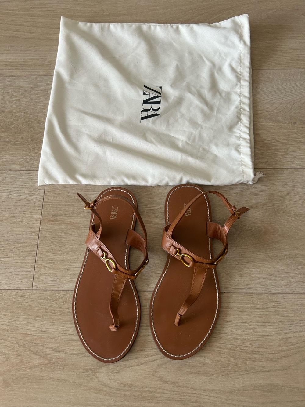 Zara Tan Brown Leather T-Strap Sandals with Gold Accent
